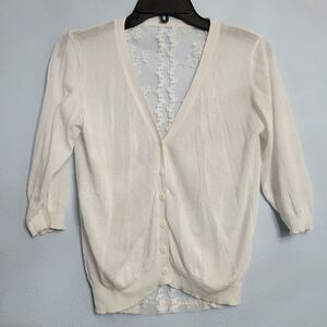 White Lace Back Cardigan Sweater 3/4 Sleeve V-Neck Coquette Balletcore Fairy SM